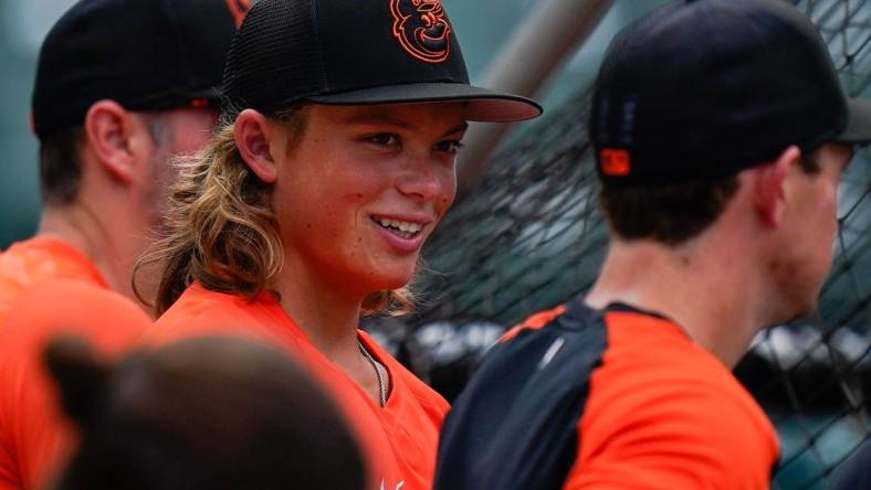 Jul 27, 2022; Baltimore, Maryland, USA; Baltimore Orioles number one draft pick Jackson Holliday during batting practice before game against the Tampa Bay Rays at Oriole Park at Camden Yards. Mandatory Credit: Tommy Gilligan-USA TODAY Sports