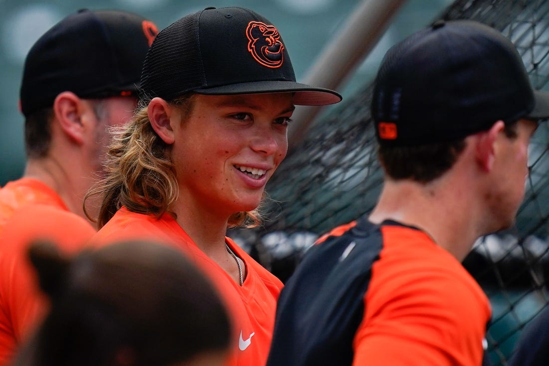 Jul 27, 2022; Baltimore, Maryland, USA; Baltimore Orioles number one draft pick Jackson Holliday during batting practice before game against the Tampa Bay Rays at Oriole Park at Camden Yards. Mandatory Credit: Tommy Gilligan-USA TODAY Sports