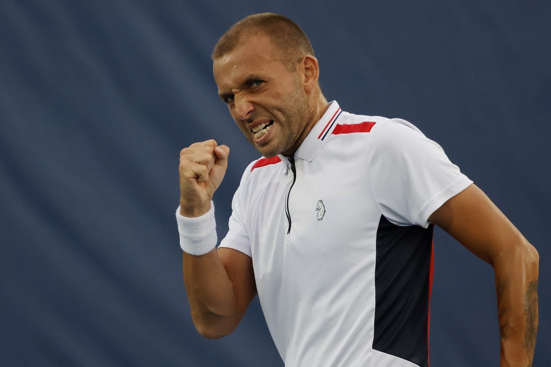 Aug 5, 2022; Washington, DC, USA; Daniel Evans (GBR) reacts after winning a point against Yoshihito Nishioka (JPN) (not pictured) on day five of the Citi Open at Rock Creek Park Tennis Center. Mandatory Credit: Geoff Burke-USA TODAY Sports