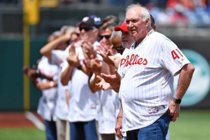 Aug 7, 2022; Philadelphia, Pennsylvania, USA; Former Philadelphia Phillies manager Charlie Manuel acknowledges the crowd during Alumni Day ceremony before game against the Washington Nationals at Citizens Bank Park. Mandatory Credit: Eric Hartline-USA TODAY Sports