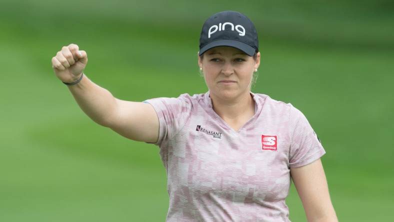 Aug 26, 2022; Ottawa, Ontario, CAN; Ally Ewing from the United States celebrates a birdie on the 18th hole during the second round of the CP Women's Open golf tournament. Mandatory Credit: Marc DesRosiers-USA TODAY Sports