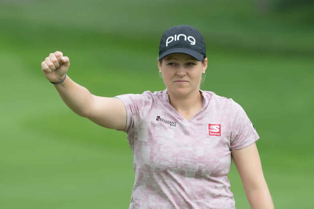 Aug 26, 2022; Ottawa, Ontario, CAN; Ally Ewing from the United States celebrates a birdie on the 18th hole during the second round of the CP Women's Open golf tournament. Mandatory Credit: Marc DesRosiers-USA TODAY Sports