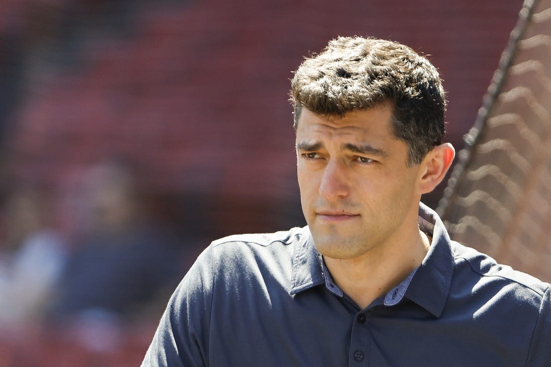 Aug 28, 2022; Boston, Massachusetts, USA; Chaim Bloom, Chief Baseball Officer of the Boston Red Sox on the field before the game between the Boston Red Sox and the Tampa Bay Rays at Fenway Park. Mandatory Credit: Winslow Townson-USA TODAY Sports