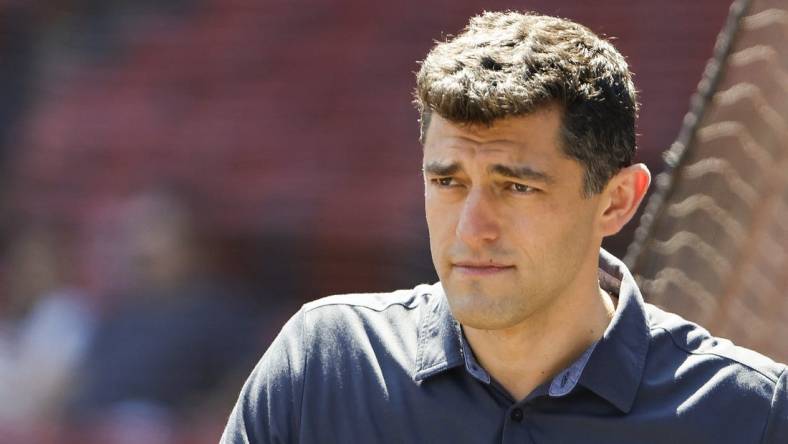 Aug 28, 2022; Boston, Massachusetts, USA; Chaim Bloom, Chief Baseball Officer of the Boston Red Sox on the field before the game between the Boston Red Sox and the Tampa Bay Rays at Fenway Park. Mandatory Credit: Winslow Townson-USA TODAY Sports