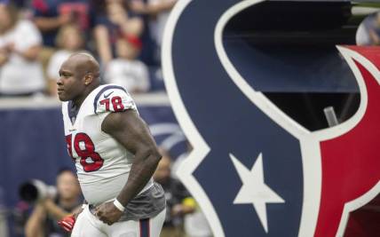 Sep 11, 2022; Houston, Texas, USA; Houston Texans offensive tackle Laremy Tunsil (78) is introduced before playing against the Indianapolis Colts at NRG Stadium. Mandatory Credit: Thomas Shea-USA TODAY Sports