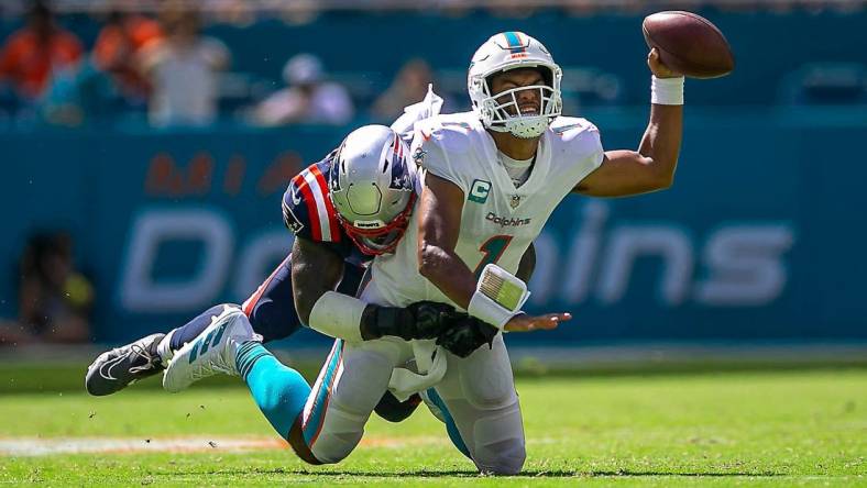 Miami Dolphins quarterback Tua Tagovailoa (1) put up video game numbers in Week 1 and heads to New England for a primetime division game Sunday night.