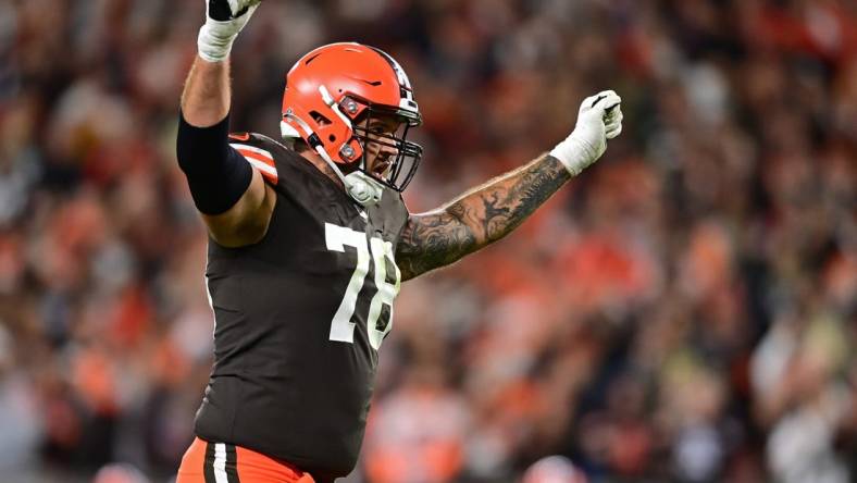 Sep 22, 2022; Cleveland, Ohio, USA; Cleveland Browns offensive tackle Jack Conklin (78) celebrates after a touchdown by wide receiver Amari Cooper (not pictured) during the first quarter against the Pittsburgh Steelersat FirstEnergy Stadium. Mandatory Credit: David Dermer-USA TODAY Sports