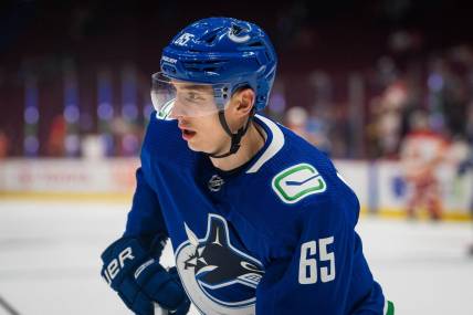 Sep 25, 2022; Vancouver, British Columbia, CAN; Vancouver Canucks forward Ilya Mikheyev (65) warms up prior to a game against the Calgary Flames at Rogers Arena. Calgary won 3-2 in overtime. Mandatory Credit: Bob Frid-USA TODAY Sports