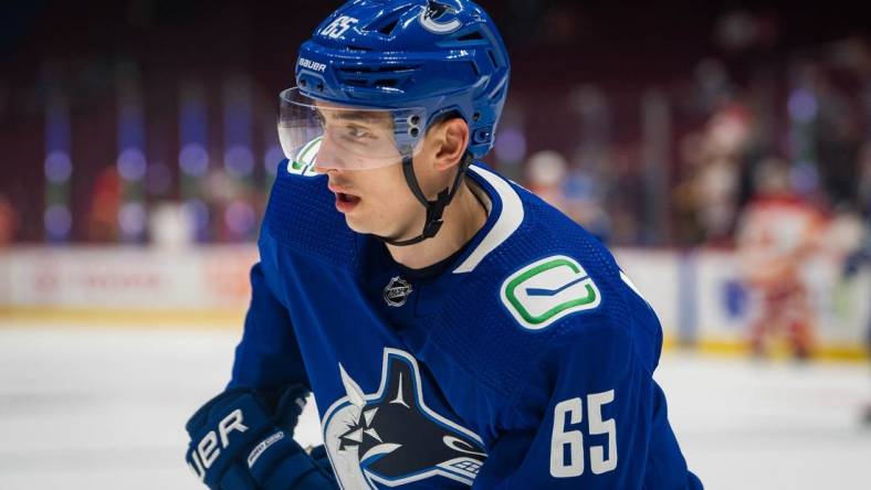 Sep 25, 2022; Vancouver, British Columbia, CAN; Vancouver Canucks forward Ilya Mikheyev (65) warms up prior to a game against the Calgary Flames at Rogers Arena. Calgary won 3-2 in overtime. Mandatory Credit: Bob Frid-USA TODAY Sports