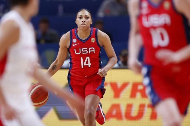 Sep 30, 2022; Sydney, AUS;  USA player Betnijah Laney (14) dribbles the ball in the second quarter against Canada  at Sydney SuperDome. Mandatory Credit: Yukihito Taguchi-USA TODAY Sports