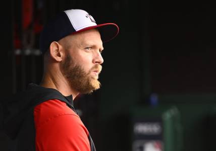 Oct 1, 2022; Washington, District of Columbia, USA; Washington Nationals pitcher Stephen Strasburg looks on during the game against the Philadelphia Phillies at Nationals Park. Mandatory Credit: Brad Mills-USA TODAY Sports