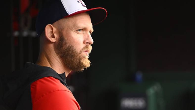 Oct 1, 2022; Washington, District of Columbia, USA; Washington Nationals pitcher Stephen Strasburg looks on during the game against the Philadelphia Phillies at Nationals Park. Mandatory Credit: Brad Mills-USA TODAY Sports