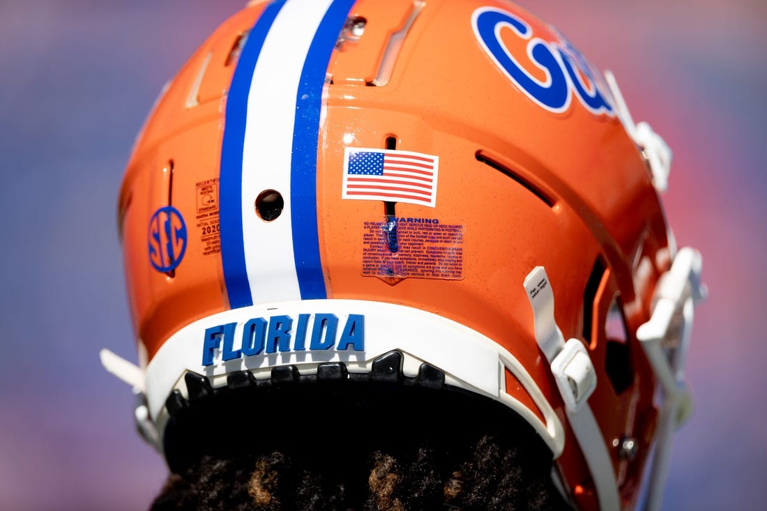 The helmet of Florida Gators wide receiver Ja'Quavion Fraziars (0) before the game against the Eastern Washington Eagles at Steve Spurrier Field at Ben Hill Griffin Stadium in Gainesville, FL on Sunday, October 2, 2022. [Matt Pendleton/Gainesville Sun]

Ncaa Football Florida Gators Vs Eastern Washington Eagles