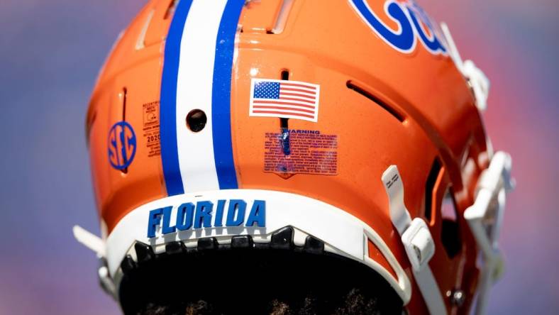 The helmet of Florida Gators wide receiver Ja'Quavion Fraziars (0) before the game against the Eastern Washington Eagles at Steve Spurrier Field at Ben Hill Griffin Stadium in Gainesville, FL on Sunday, October 2, 2022. [Matt Pendleton/Gainesville Sun]

Ncaa Football Florida Gators Vs Eastern Washington Eagles