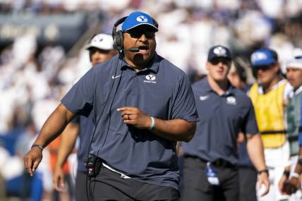 Oct 15, 2022; Provo, Utah, USA; Brigham Young University Cougars coach Kalani Sitake yells towards the referees during the first half as the Cougars face the Arkansas Razorbacks at LaVell Edwards Stadium. Mandatory Credit: Gabriel Mayberry-USA TODAY Sports