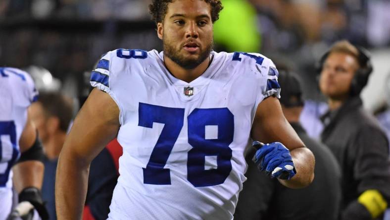 Oct 16, 2022; Philadelphia, Pennsylvania, USA; Dallas Cowboys offensive tackle Terence Steele (78) against the Philadelphia Eagles at Lincoln Financial Field. Mandatory Credit: Eric Hartline-USA TODAY Sports