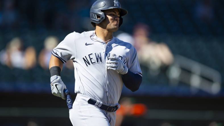 Oct 26, 2022; Surprise, Arizona, USA; New York Yankees designated hitter Jasson Dominguez plays for the Mesa Solar Sox during an Arizona Fall League baseball game at Surprise Stadium. Mandatory Credit: Mark J. Rebilas-USA TODAY Sports