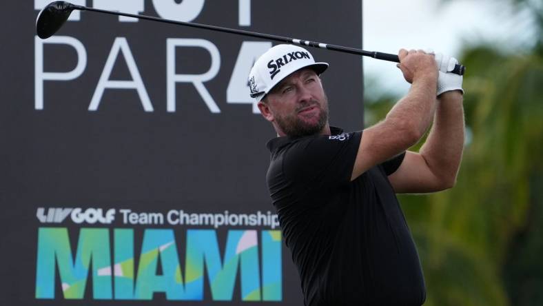 Oct 29, 2022; Miami, Florida, USA; Graeme McDowell tees off on the 3rd hole during the second round of the season finale of the LIV Golf series at Trump National Doral. Mandatory Credit: Jasen Vinlove-USA TODAY Sports