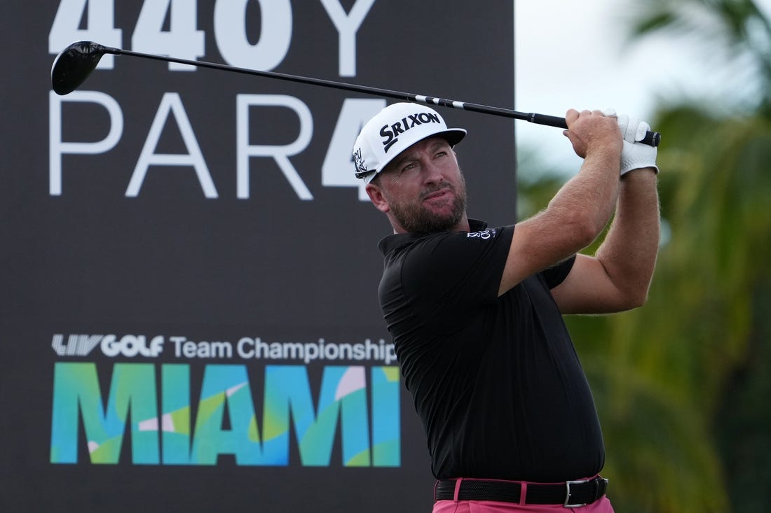Oct 29, 2022; Miami, Florida, USA; Graeme McDowell tees off on the 3rd hole during the second round of the season finale of the LIV Golf series at Trump National Doral. Mandatory Credit: Jasen Vinlove-USA TODAY Sports