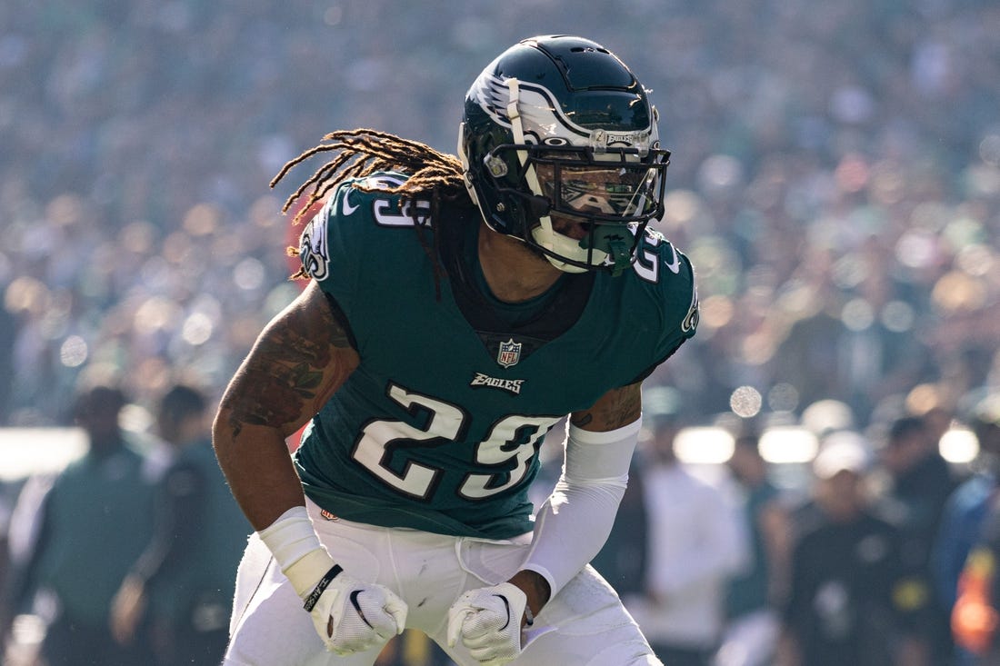 Oct 30, 2022; Philadelphia, Pennsylvania, USA; Philadelphia Eagles cornerback Avonte Maddox (29) reacts after a defensive stop against the Pittsburgh Steelers during the second quarter at Lincoln Financial Field. Mandatory Credit: Bill Streicher-USA TODAY Sports