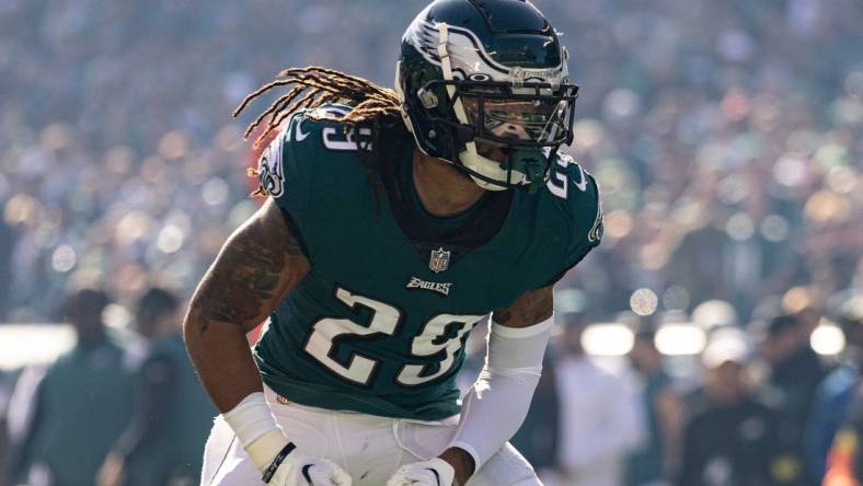 Oct 30, 2022; Philadelphia, Pennsylvania, USA; Philadelphia Eagles cornerback Avonte Maddox (29) reacts after a defensive stop against the Pittsburgh Steelers during the second quarter at Lincoln Financial Field. Mandatory Credit: Bill Streicher-USA TODAY Sports