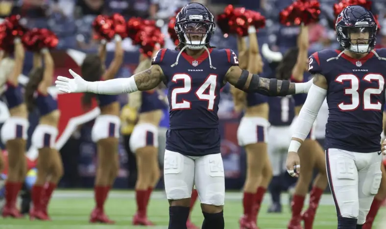 Oct 30, 2022; Houston, Texas, USA; Houston Texans cornerback Derek Stingley Jr. (24) on the field before the game against the Tennessee Titans at NRG Stadium. Mandatory Credit: Troy Taormina-USA TODAY Sports