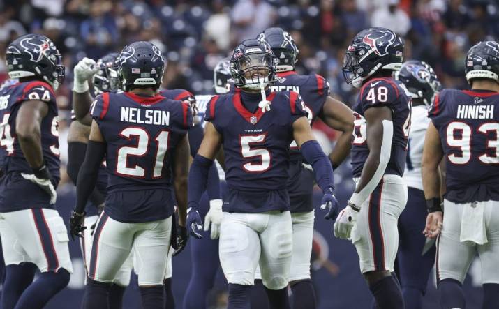 Oct 30, 2022; Houston, Texas, USA; Houston Texans safety Jalen Pitre (5) looks up after a play during the third quarter against the Tennessee Titans at NRG Stadium. Mandatory Credit: Troy Taormina-USA TODAY Sports