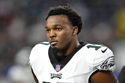 Nov 3, 2022; Houston, Texas, USA;  Philadelphia Eagles linebacker Nakobe Dean (17) looks on the field prior to the game against the Houston Texans at NRG Stadium. Mandatory Credit: Maria Lysaker-USA TODAY Sports