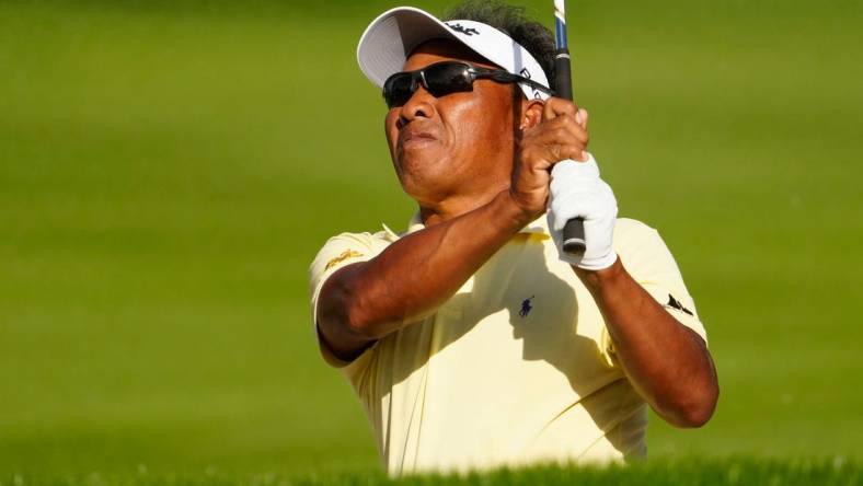 Nov 11, 2022; Phoenix, AZ, USA; Thongchai Jaidee plays his second shot on the 12th hole during round two of the Charles Schwab Cup at Phoenix Country Club.  at Phoenix Country Club. Mandatory Credit: Rob Schumacher-USA TODAY Sports