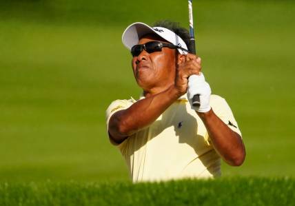 Nov 11, 2022; Phoenix, AZ, USA; Thongchai Jaidee plays his second shot on the 12th hole during round two of the Charles Schwab Cup at Phoenix Country Club.  at Phoenix Country Club. Mandatory Credit: Rob Schumacher-USA TODAY Sports