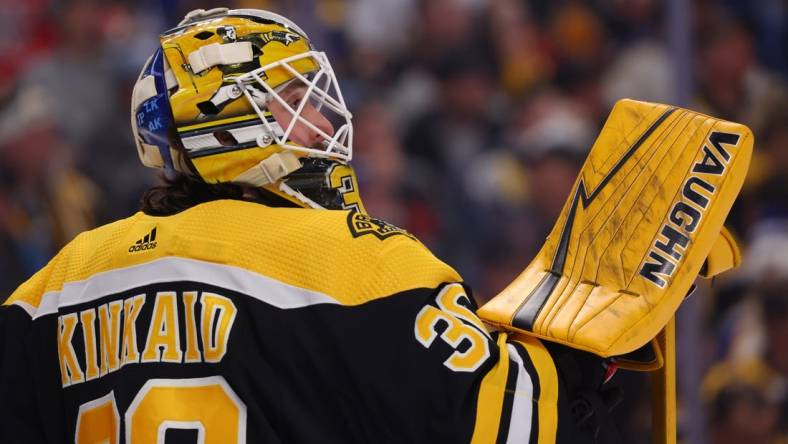 Nov 12, 2022; Buffalo, New York, USA;  Boston Bruins goaltender Keith Kinkaid (30) during a stoppage in play against the Buffalo Sabres during the second period at KeyBank Center. Mandatory Credit: Timothy T. Ludwig-USA TODAY Sports