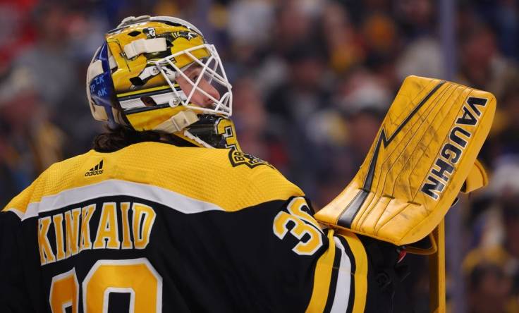 Nov 12, 2022; Buffalo, New York, USA;  Boston Bruins goaltender Keith Kinkaid (30) during a stoppage in play against the Buffalo Sabres during the second period at KeyBank Center. Mandatory Credit: Timothy T. Ludwig-USA TODAY Sports