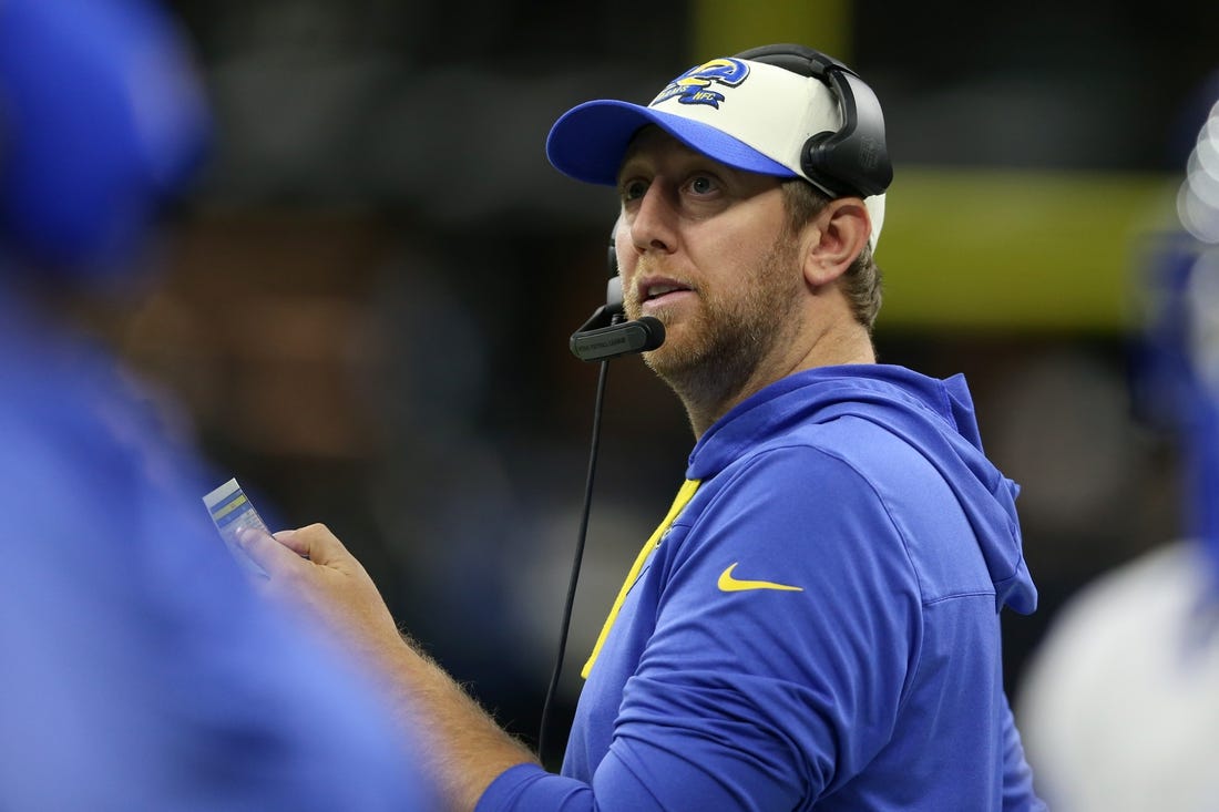 Nov 20, 2022; New Orleans, Louisiana, USA; Los Angeles Rams offensive coordinator Liam Coen in the second quarter against the New Orleans Saints at the Caesars Superdome. Mandatory Credit: Chuck Cook-USA TODAY Sports