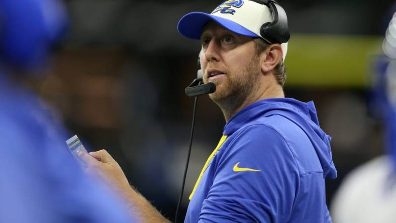 Nov 20, 2022; New Orleans, Louisiana, USA; Los Angeles Rams offensive coordinator Liam Coen in the second quarter against the New Orleans Saints at the Caesars Superdome. Mandatory Credit: Chuck Cook-USA TODAY Sports