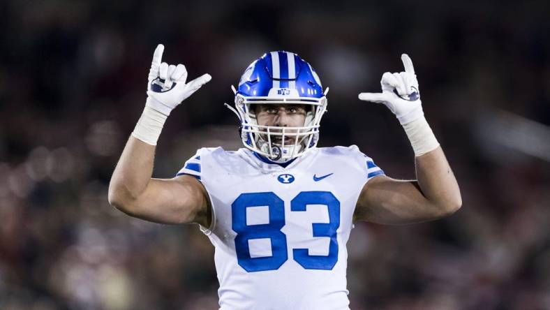 Nov 26, 2022; Stanford, California, USA;  Brigham Young Cougars tight end Isaac Rex (83) reacts after a Cougars touchdown against the Stanford Cardinal during the first half at Stanford Stadium. Mandatory Credit: John Hefti-USA TODAY Sports