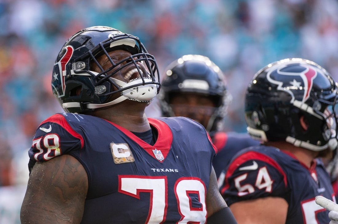 Houston Texans offensive tackle Laremy Tunsil (78) yells after the Texans failed to score on a two-point conversion attempt in the second half of the game between host Miami Dolphins and the Houston Texans at Hard Rock Stadium on Sunday, November 27, 2022, in Miami Gardens, FL. Final score, Miami Dolphins, 30, Houston Texans, 15.