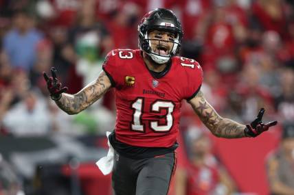 Dec 5, 2022; Tampa, Florida, USA;  Tampa Bay Buccaneers wide receiver Mike Evans (13) reacts after a flag against the New Orleans Saints in the fourth quarter at Raymond James Stadium. Mandatory Credit: Nathan Ray Seebeck-USA TODAY Sports
