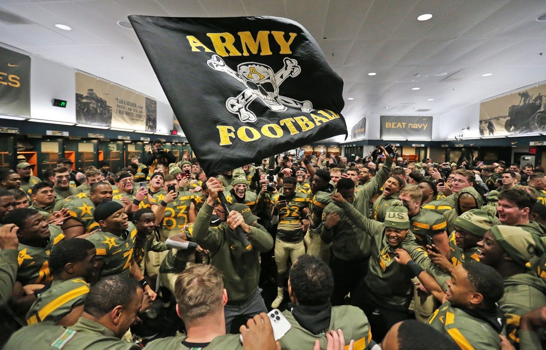 Dec 10, 2022; Philadelphia, Pennsylvania, USA; Army Black Knights head coach Jeff Monken celebrates after a 20-17 win against the Navy Midshipmen in double overtime of the 123rd Army-Navy game at Lincoln Financial Field. Mandatory Credit: Danny Wild-USA Today Sports