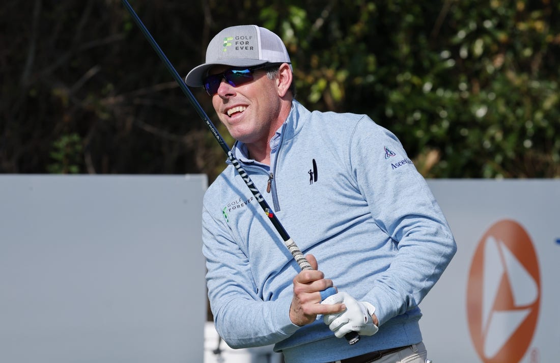 Dec 16, 2022; Orlando, Florida, USA; Justin Leonard hits his tee shot on the first tee during a pro-am round of the PNC Championship golf tournament at Ritz Carlton Golf Club Grande Lakes Orlando Course. Mandatory Credit: Reinhold Matay-USA TODAY Sports