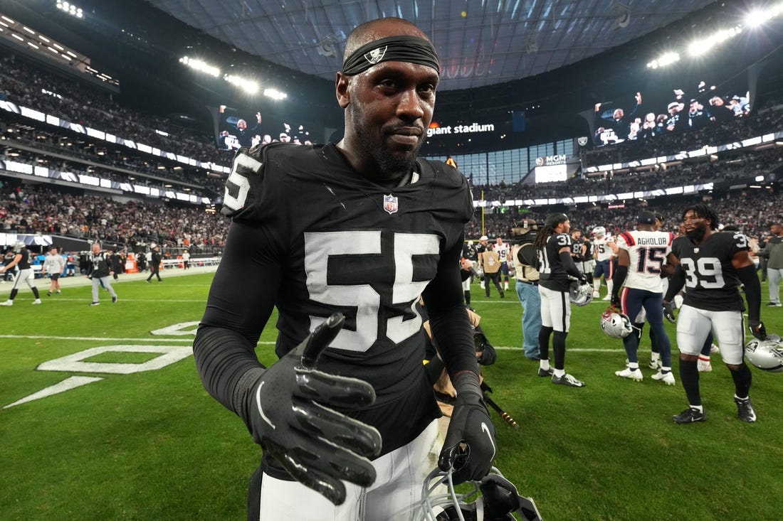 Dec 18, 2022; Paradise, Nevada, USA; Las Vegas Raiders defensive end Chandler Jones (55) celebrates after the game against the New England Patriots at Allegiant Stadium. The Raiders defeated the Patriots 30-24. Mandatory Credit: Kirby Lee-USA TODAY Sports