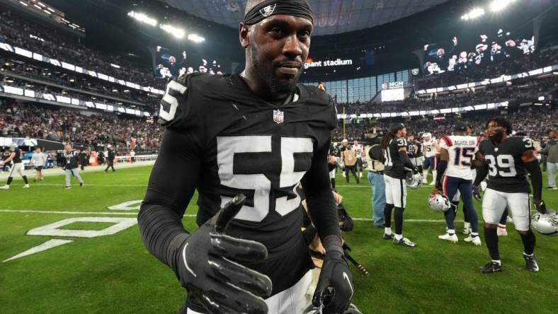 Dec 18, 2022; Paradise, Nevada, USA; Las Vegas Raiders defensive end Chandler Jones (55) celebrates after the game against the New England Patriots at Allegiant Stadium. The Raiders defeated the Patriots 30-24. Mandatory Credit: Kirby Lee-USA TODAY Sports