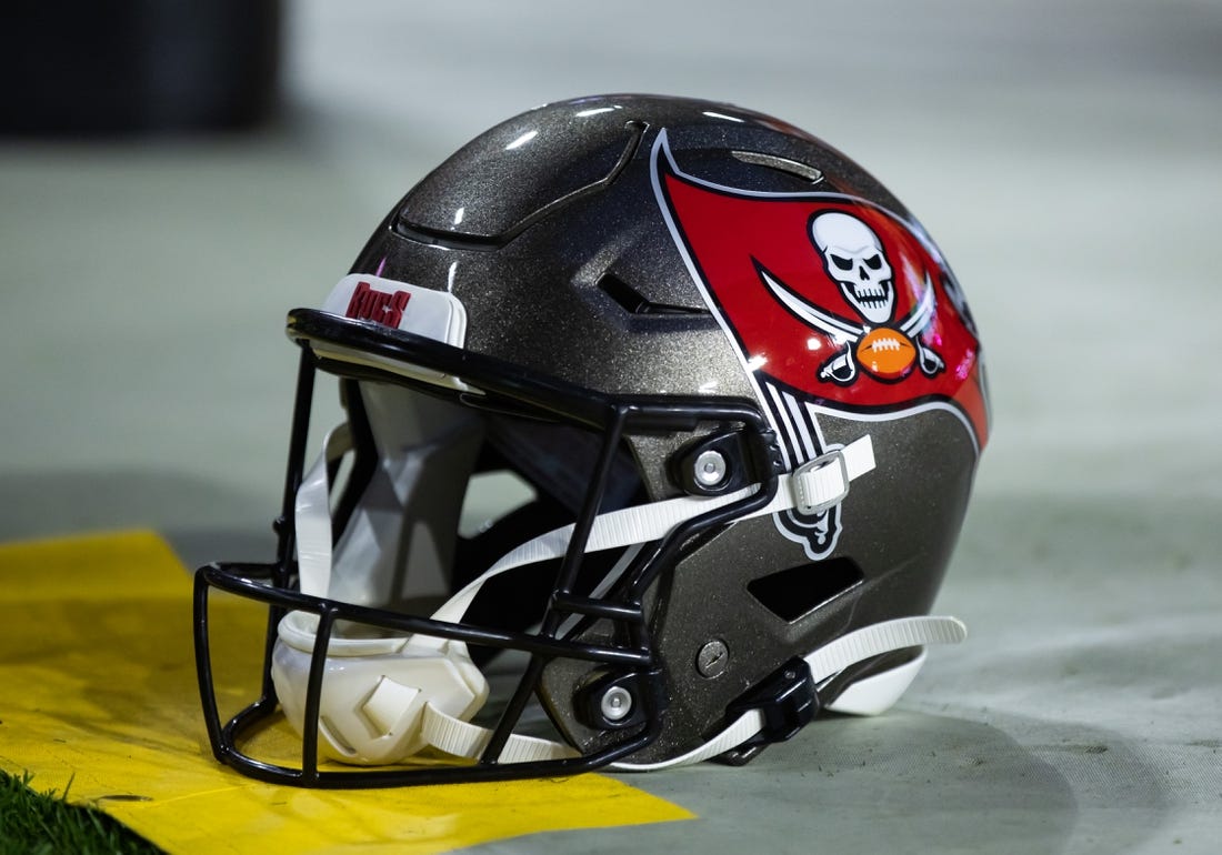 Dec 25, 2022; Glendale, Arizona, USA; Detailed view of a Tampa Bay Buccaneers helmet at State Farm Stadium. Mandatory Credit: Mark J. Rebilas-USA TODAY Sports