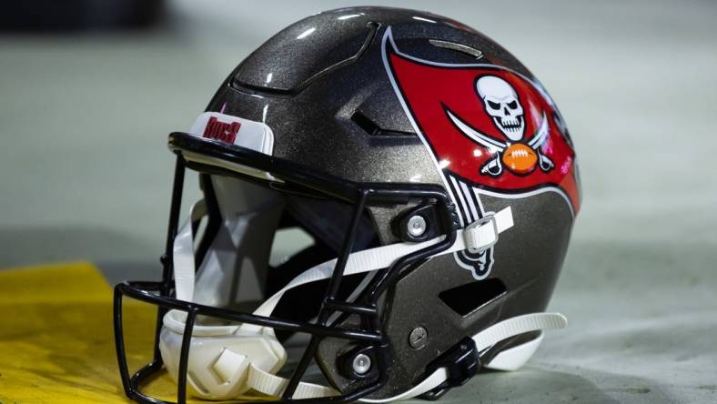 Dec 25, 2022; Glendale, Arizona, USA; Detailed view of a Tampa Bay Buccaneers helmet at State Farm Stadium. Mandatory Credit: Mark J. Rebilas-USA TODAY Sports