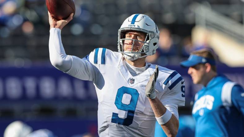 Jan 1, 2023; East Rutherford, New Jersey, USA; Indianapolis Colts quarterback Nick Foles (9) warms up before the game against the New York Giants at MetLife Stadium. Mandatory Credit: Vincent Carchietta-USA TODAY Sports