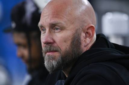 Jan 1, 2023; Baltimore, Maryland, USA;  Pittsburgh Steelers offensive coordinator Matt Canada sits on the bench before the game against the Baltimore Ravens at M&T Bank Stadium. Mandatory Credit: Tommy Gilligan-USA TODAY Sports