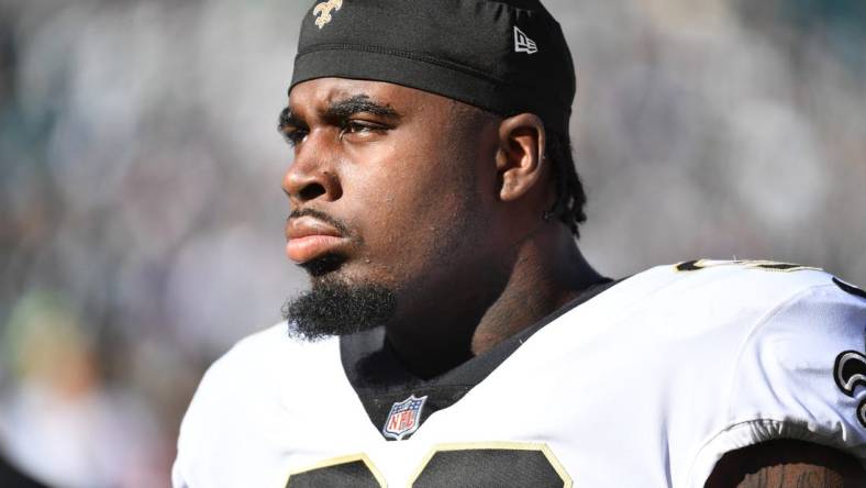 Jan 1, 2023; Philadelphia, Pennsylvania, USA; New Orleans Saints defensive end Carl Granderson (96) stands on the sidelines against the Philadelphia Eagles at Lincoln Financial Field. Mandatory Credit: Eric Hartline-USA TODAY Sports