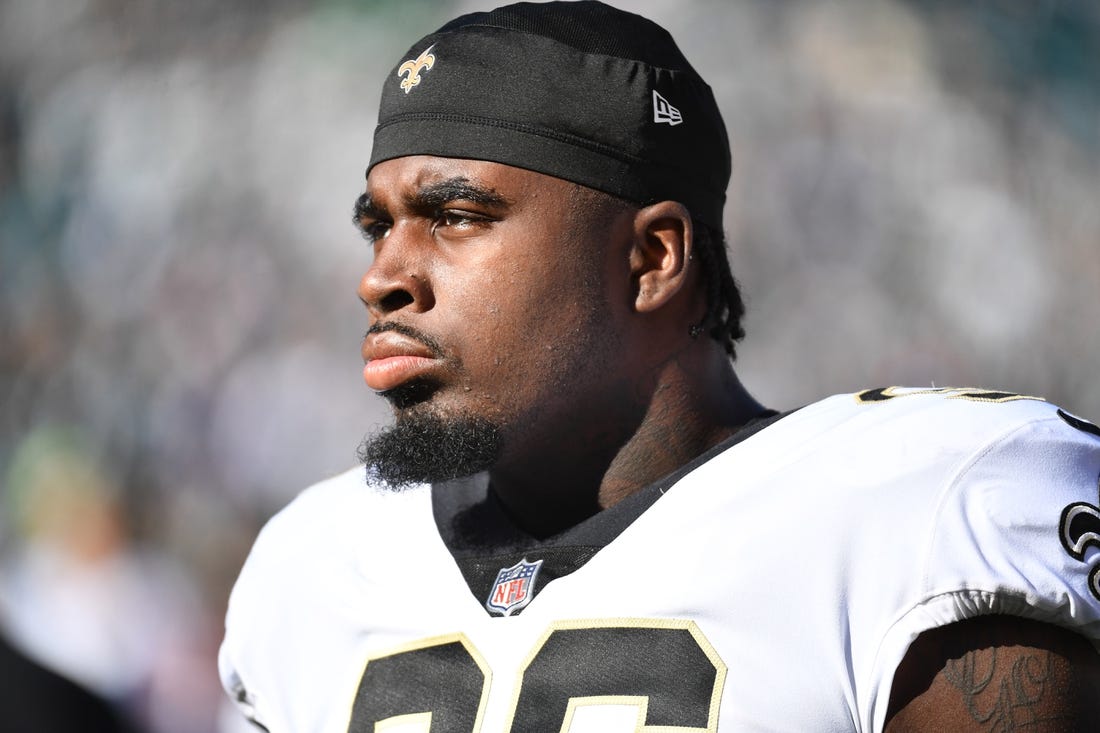 Jan 1, 2023; Philadelphia, Pennsylvania, USA; New Orleans Saints defensive end Carl Granderson (96) stands on the sidelines against the Philadelphia Eagles at Lincoln Financial Field. Mandatory Credit: Eric Hartline-USA TODAY Sports