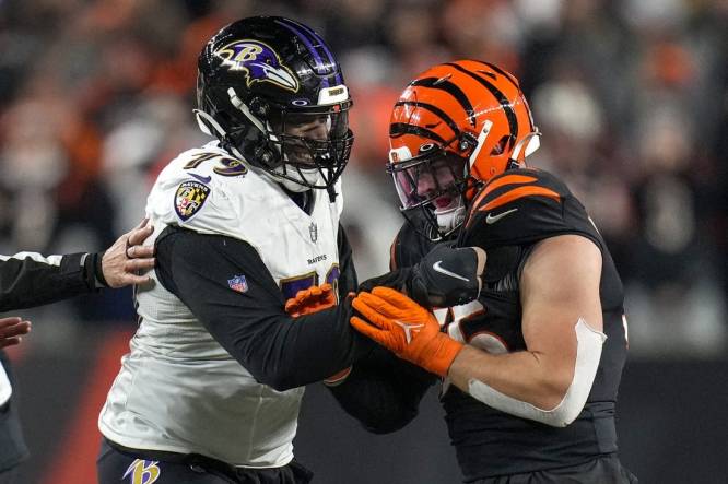 Jan 15, 2023; Cincinnati, Ohio, USA; Baltimore Ravens offensive tackle Ronnie Stanley (79) grips the jersey of Cincinnati Bengals linebacker Logan Wilson (55) after a play in the fourth quarter during an NFL wild-card playoff football game between the Baltimore Ravens and the Cincinnati Bengals at Paycor Stadium. Mandatory Credit: Sam Greene-USA TODAY Sports