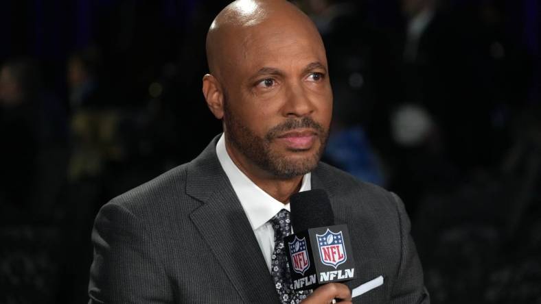 Feb 8, 2023; Phoenix, AZ, USA; NFL Network reporter Jim Trotter at press conference at Phoenix Convention Center. Mandatory Credit: Kirby Lee-USA TODAY Sports