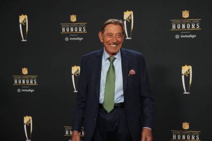 Feb 9, 2023; Phoenix, Arizona, US; Joe Namath poses for a photo on the red carpet before the NFL Honors award show at Symphony Hall. Mandatory Credit: Kirby Lee-USA TODAY Sports